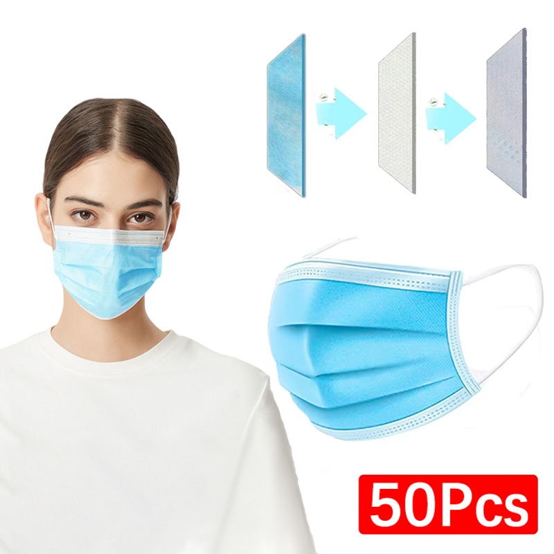 50Pcs Unisex 3-layer Mask Face - огляд і ціна Disposable Mask Blue